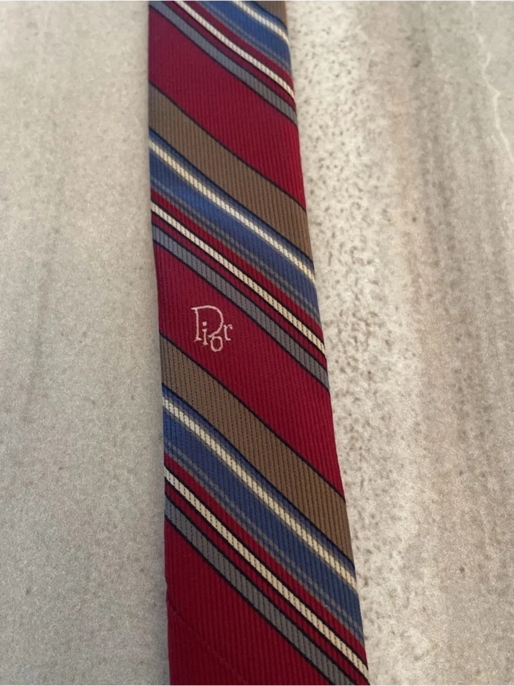 VTG Christian Dior Men’s Necktie Red White Blue Gray Stripe Logo Wording